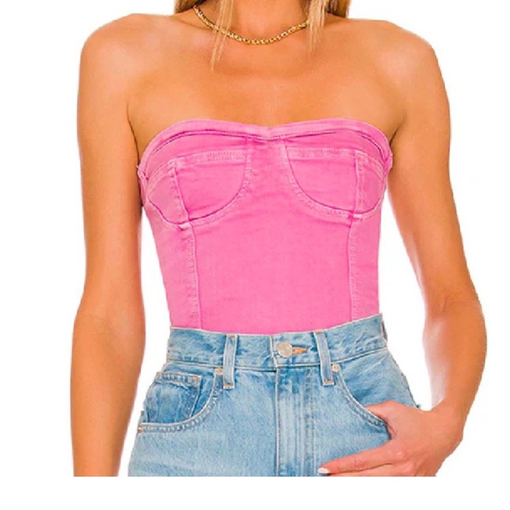 Superdown Pink Frayed Strapless Top